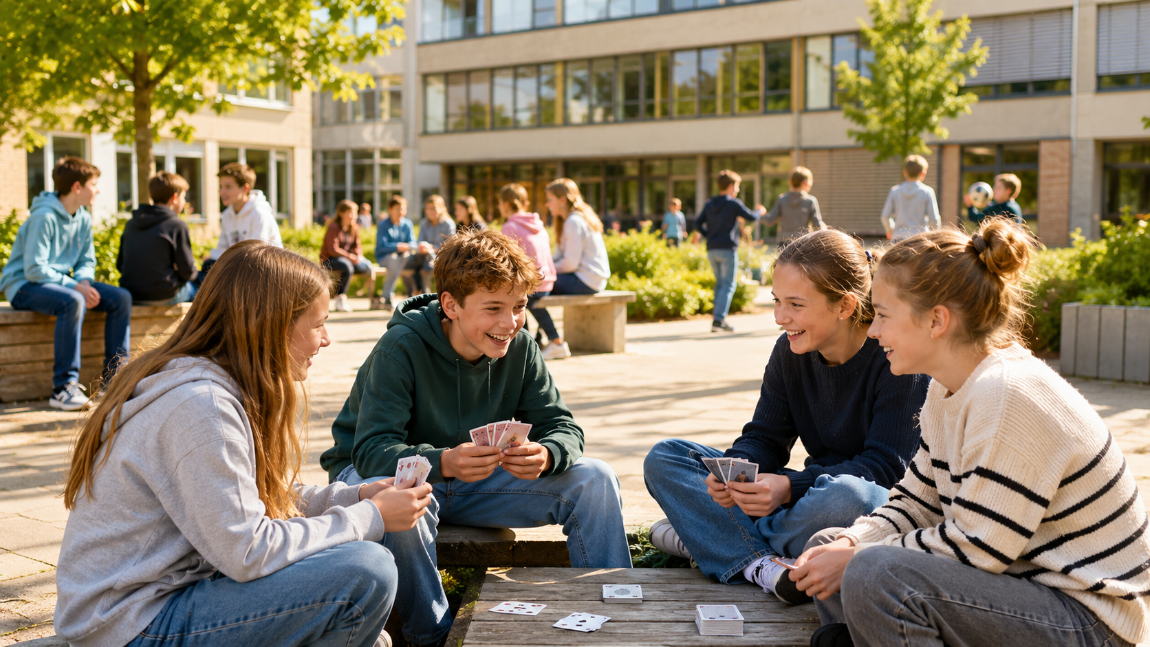 Schüler:innen auf einem Pausenhof, die ohne Smartphones zusammen reden und spielen