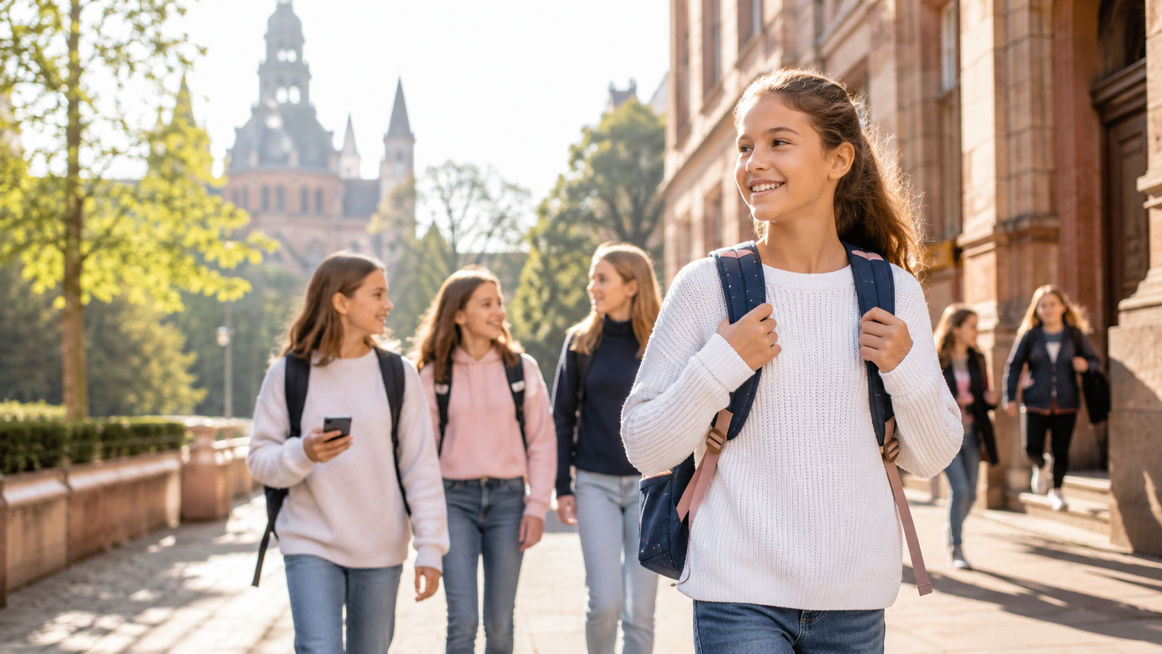 Schülerinnen auf dem sonnigen Schulweg an der Maria Ward-Schule