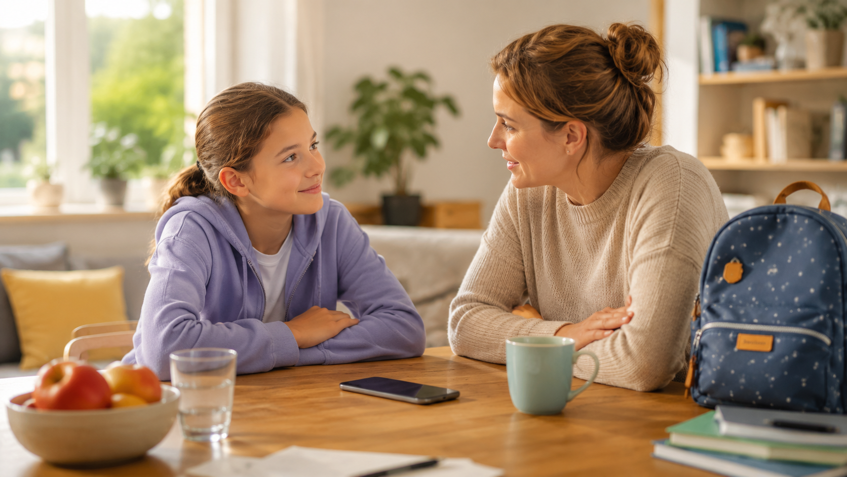 Mutter und Tochter sprechen am Küchentisch über das erste Smartphone