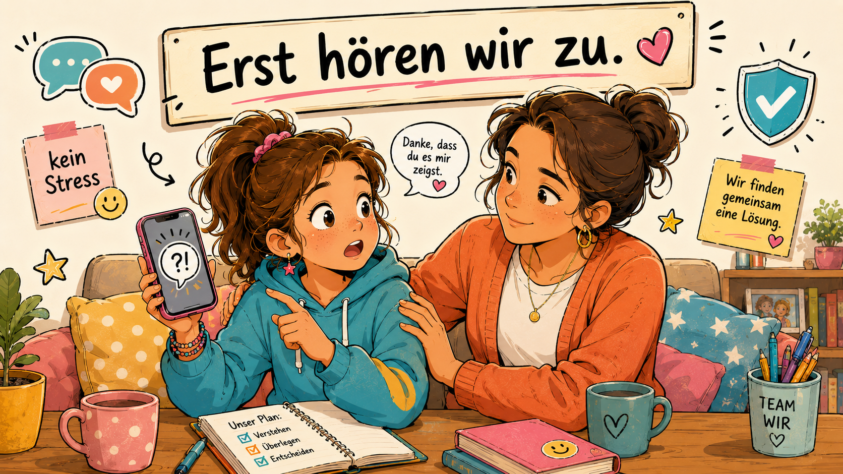 Ein Kind zeigt einem Elternteil ruhig etwas auf dem Handy – der Elternteil hört zu